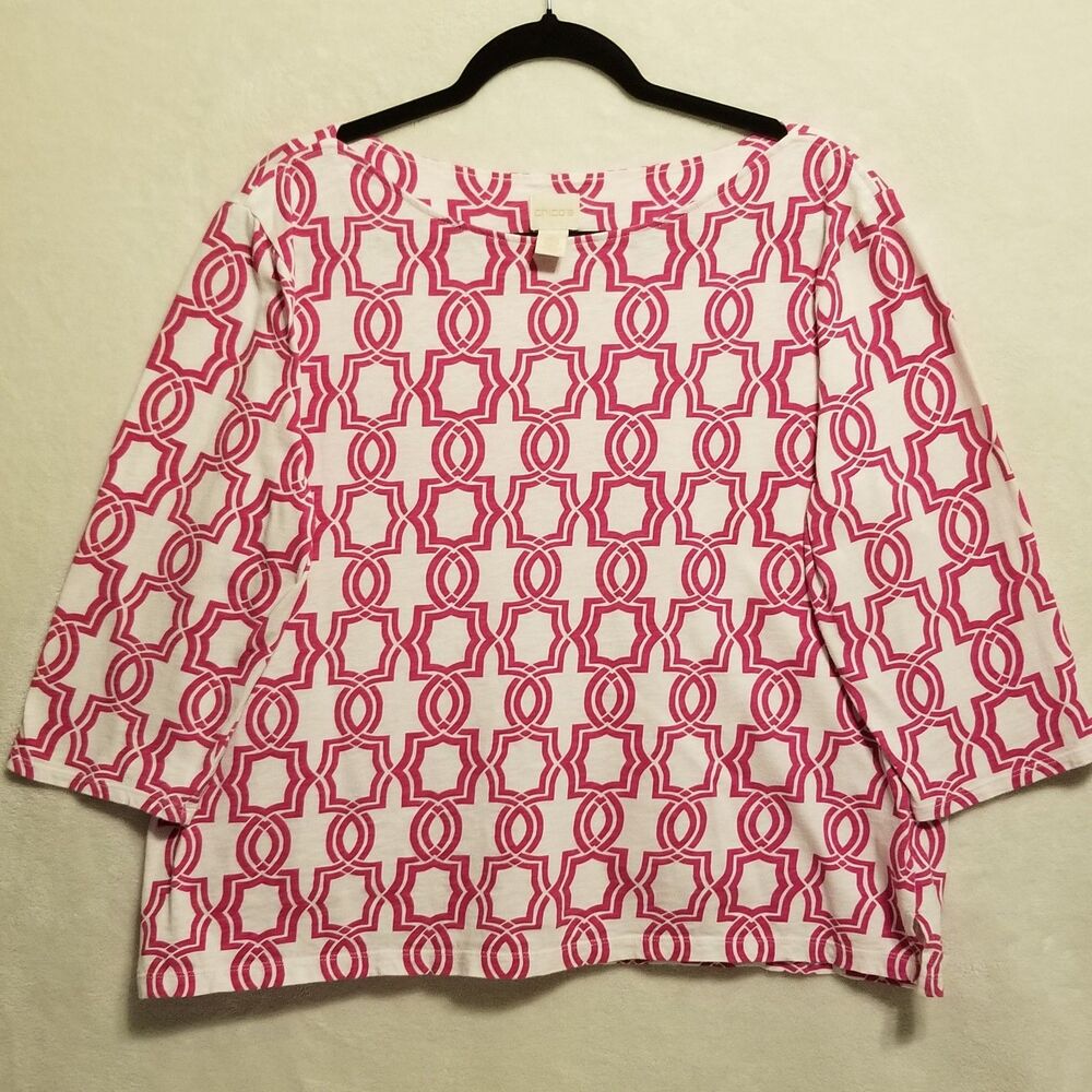 Chicos 3 (XL) Top Cotton Pink Print 3/4 Sleeves Jersey Knit Classic Preppy Basic